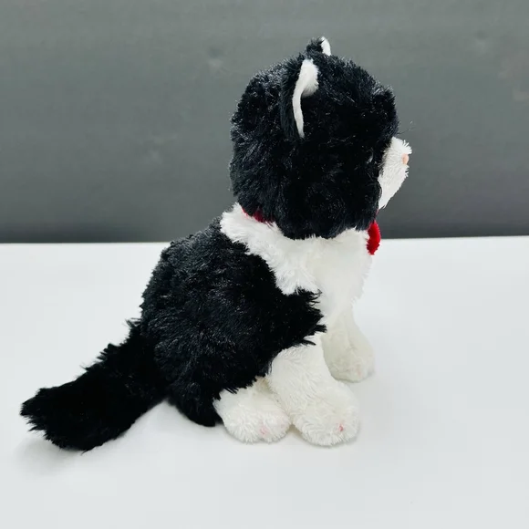 Russ Berrie Black and White Kitty Cat 8” Red Bow Sitting Stuffed Plush Tuxedo - Picture 5 of 7